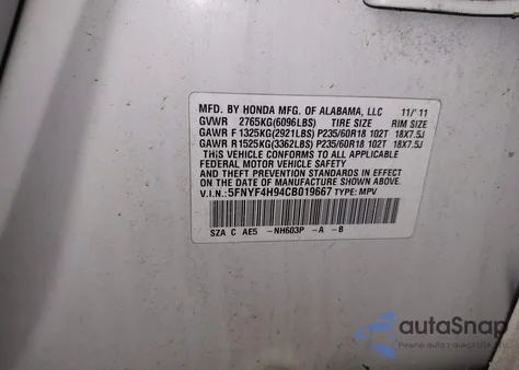 2012 Honda Pilot Touring z USA, uszkodzony, nr VIN 5FNYF4H94CB019667